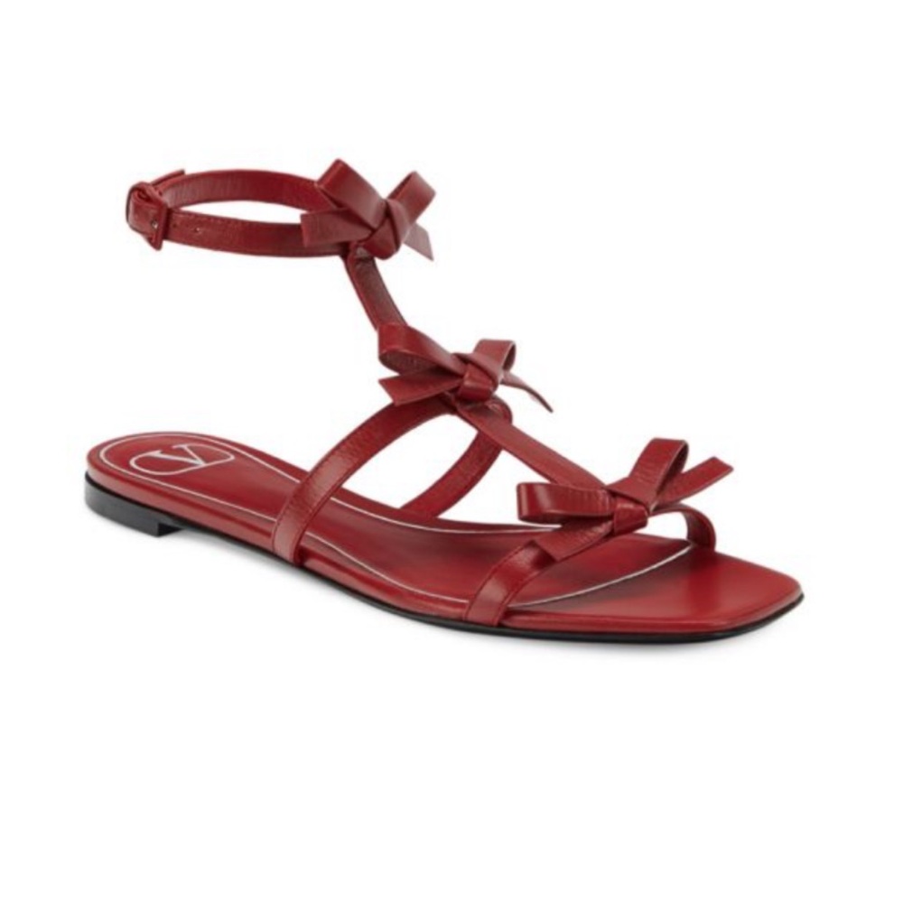 Valentino Garavani Bow Leather Flat Gladiator Sandals Red Size 38